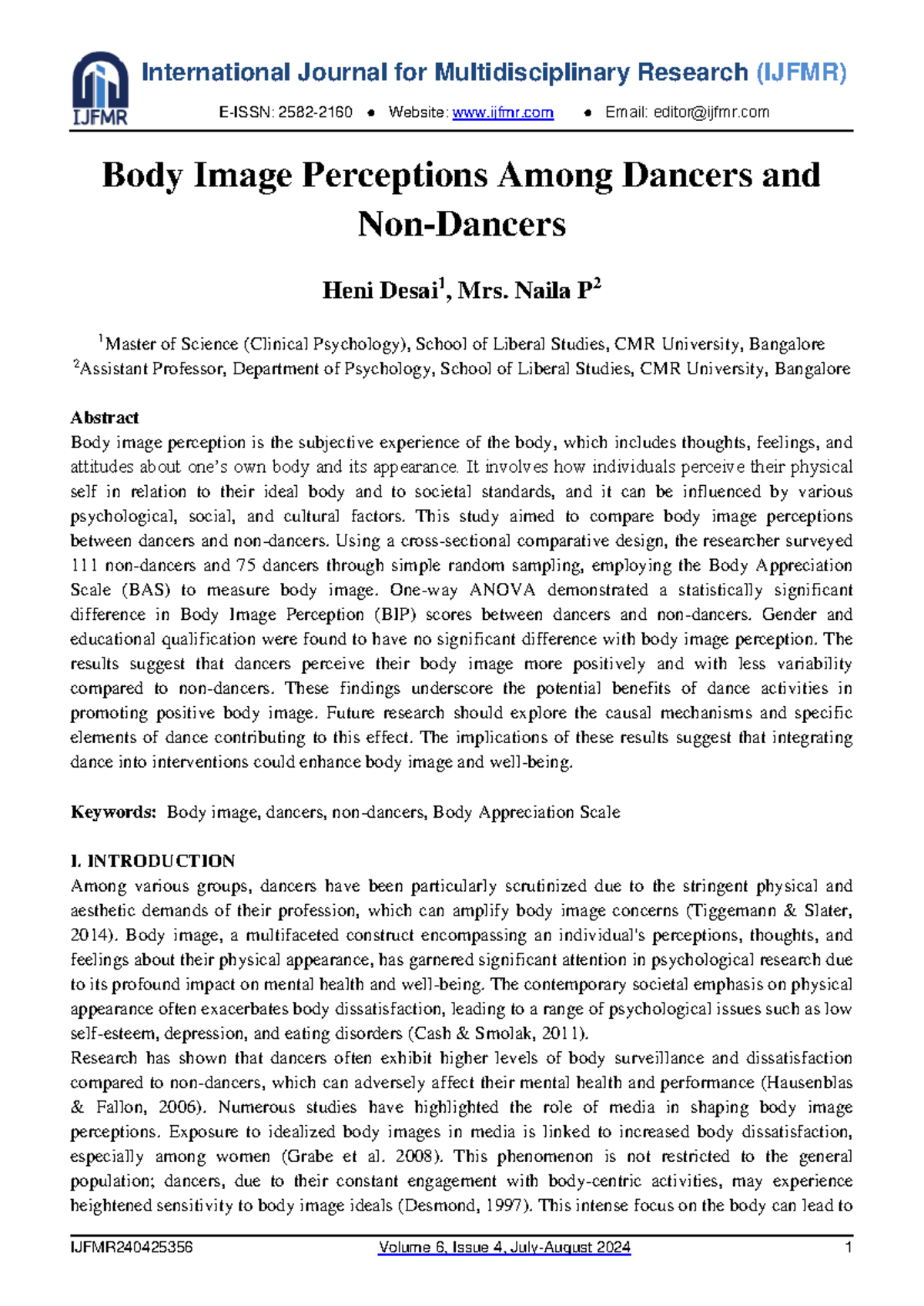 IJFMR: Body Image Perceptions in Dancers vs. Non-Dancers - Studocu