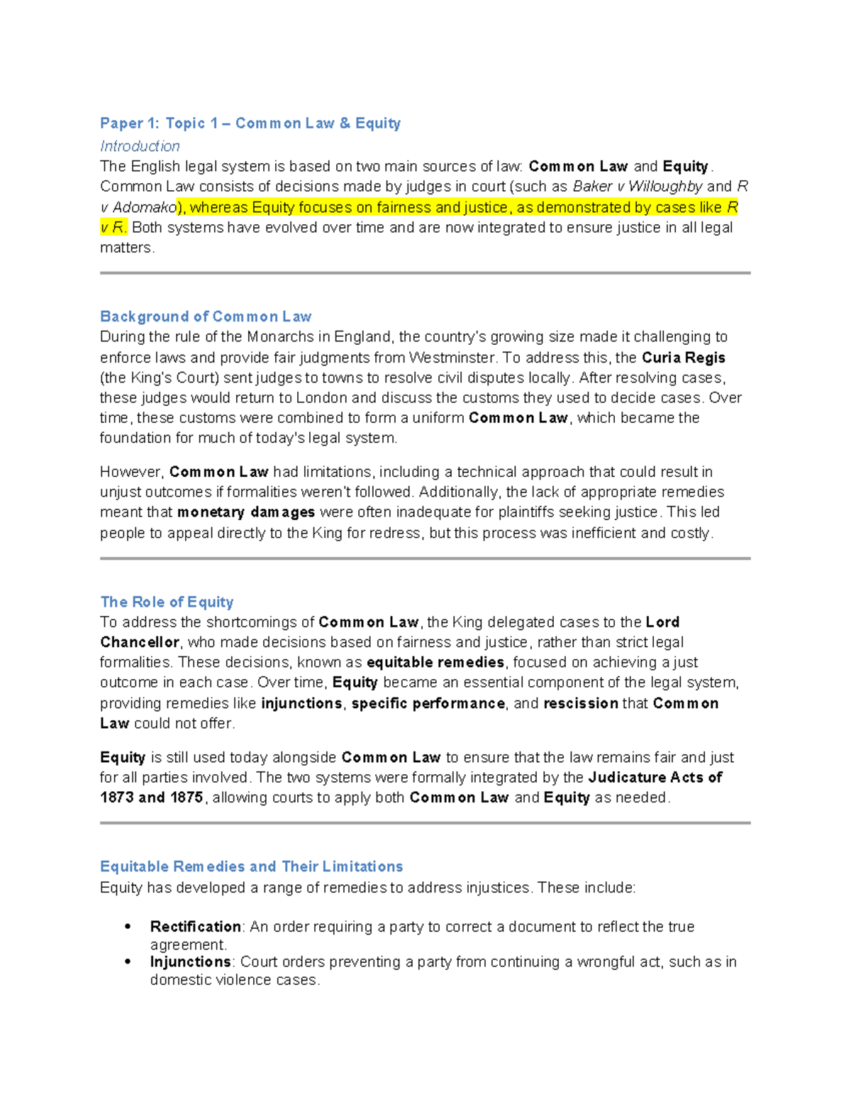 Common Law and Equity Overview: Paper 1 Topic 1 Notes - Studocu