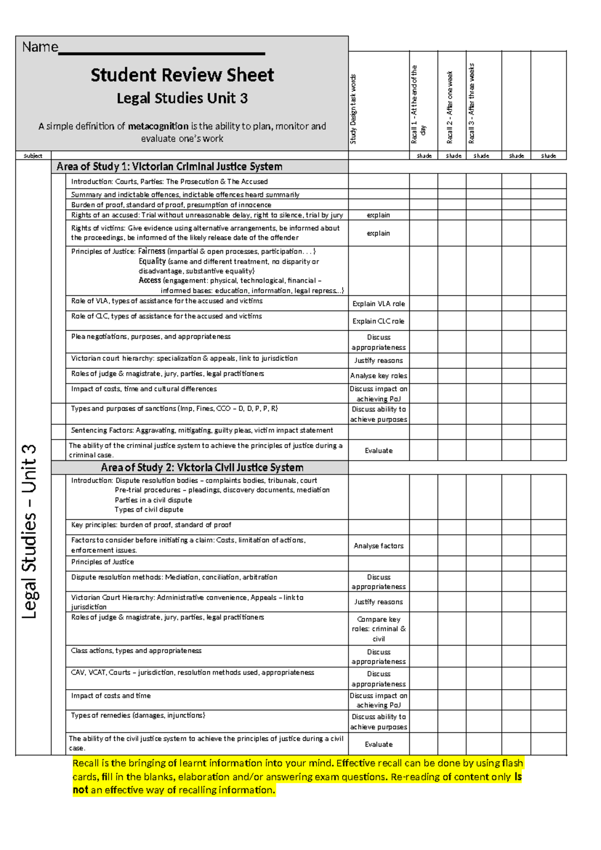 Legal Studies Unit 3 Revision Sheet - Key Concepts & Principles - Studocu