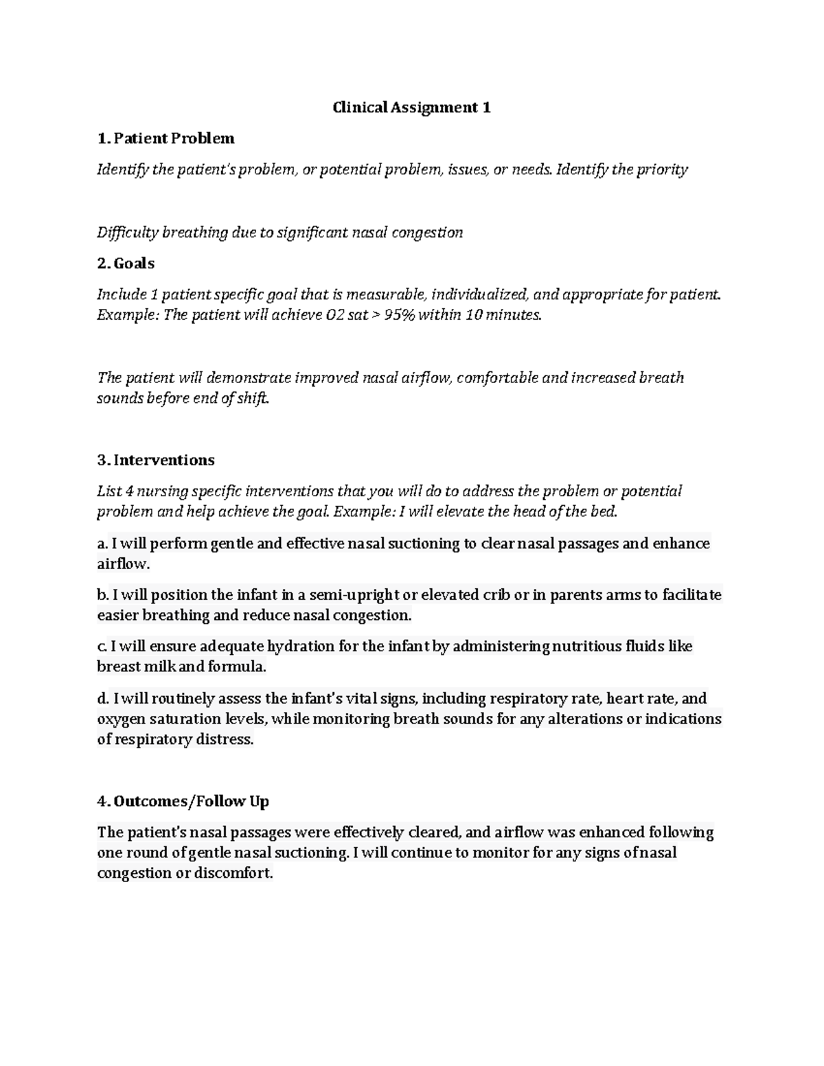 Clinical Assignment 1 & 2: Patient Care Interventions & Goals - Studocu