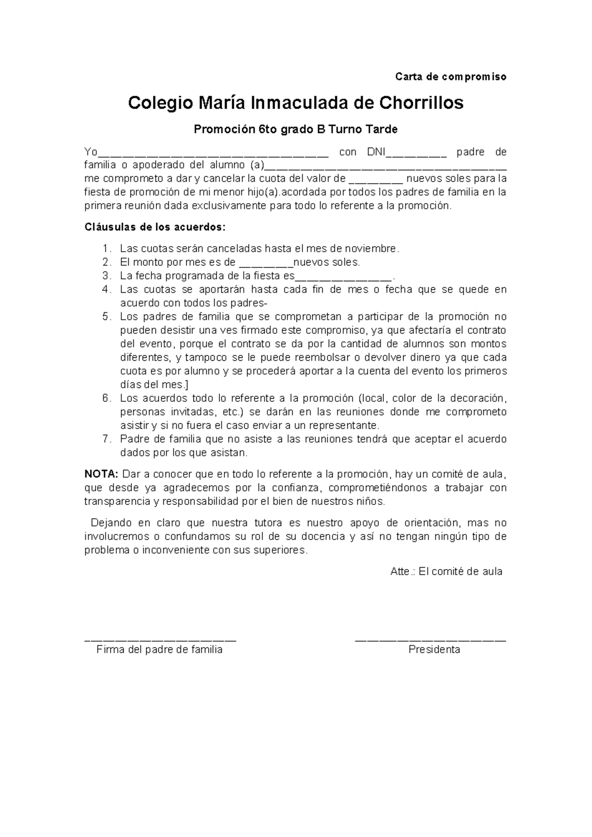Carta de Compromiso para la Fiesta de Promoción 6to Grado B - Document Preview