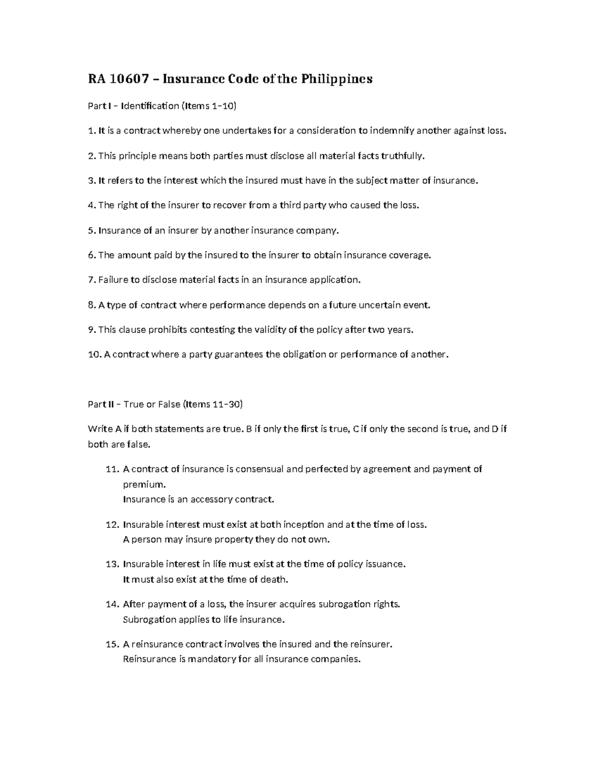 RA 10607 Insurance Code of the Philippines Test Bank - Studocu