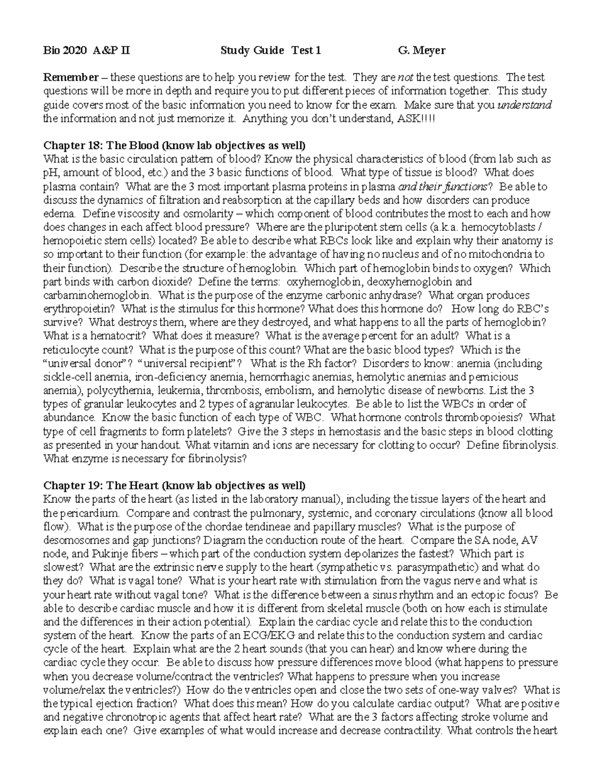 A&P II Study Guide (Bio 2020) - Test 1: Blood & Heart Overview - Studocu