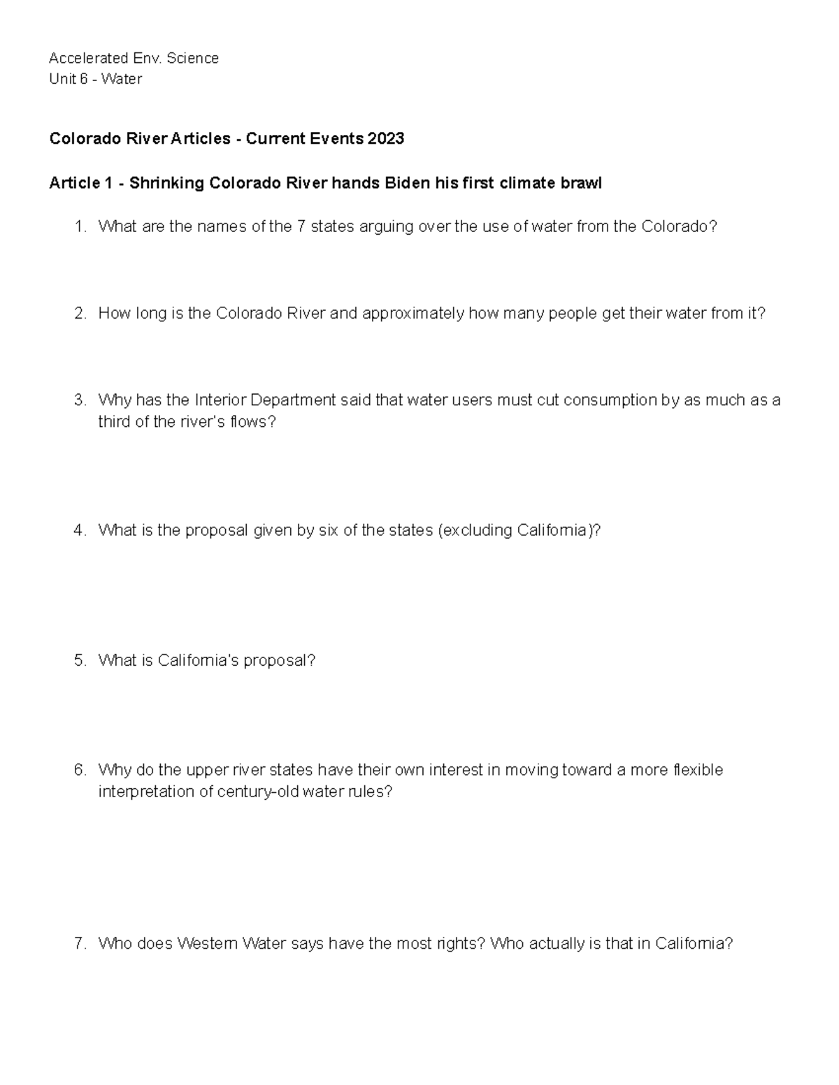 Colorado River Current Events - Accelerated Env. Science Unit 6 - Studocu