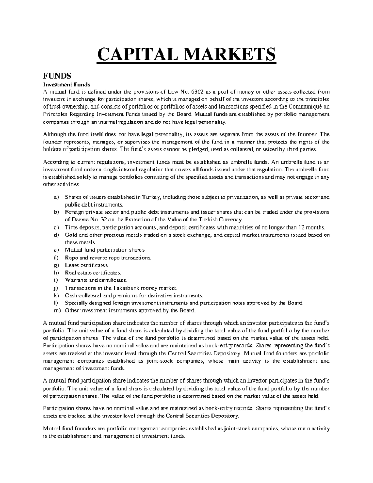 CAPITAL MARKETS 6362: Overview of Investment Funds and Regulations ...