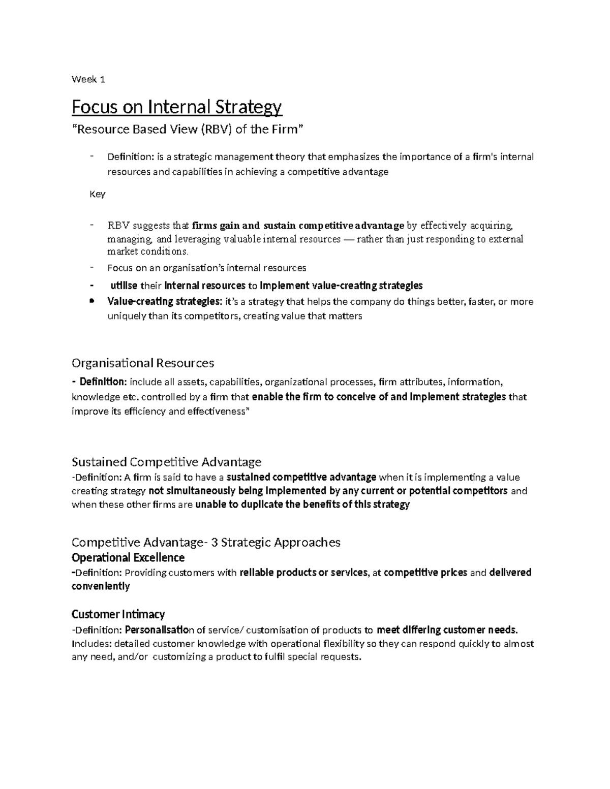 Week 1 Lecture Notes: Internal Strategy Based View (RBV) Analysis - Studocu