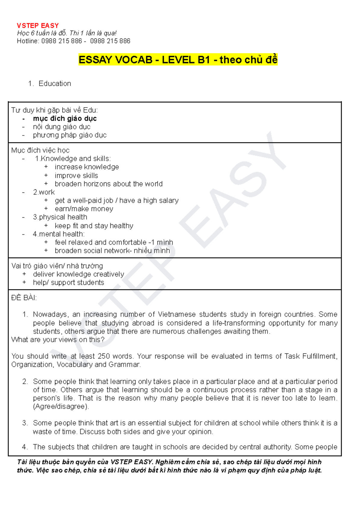VSTEP EASY B1 Final Exam Essay Vocabulary by Topic - Studocu
