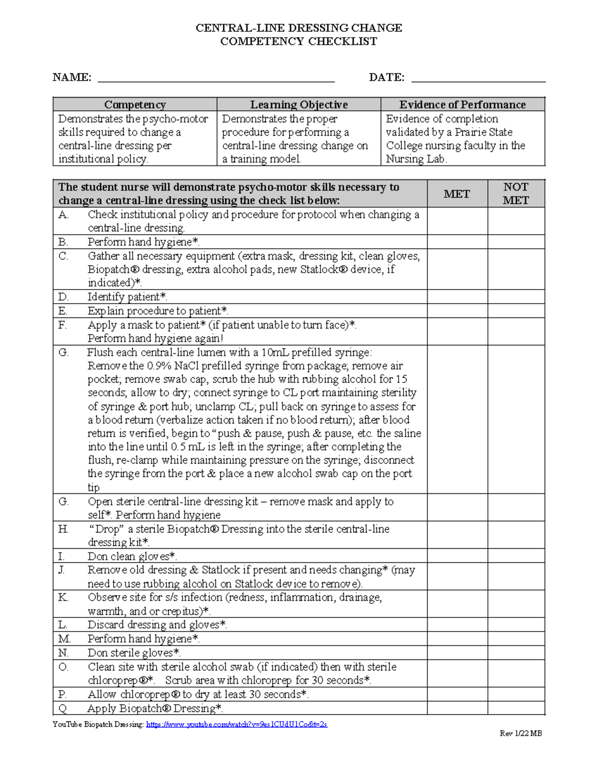 NUR 101: Dressing Change Competency Checklist for Central Line Skills ...