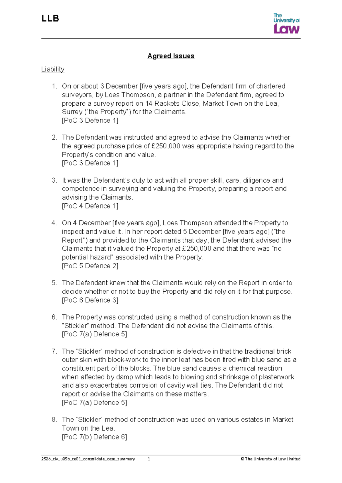 LLB Unit 5b Case Summary: Agreed Issues on Liability - Studocu