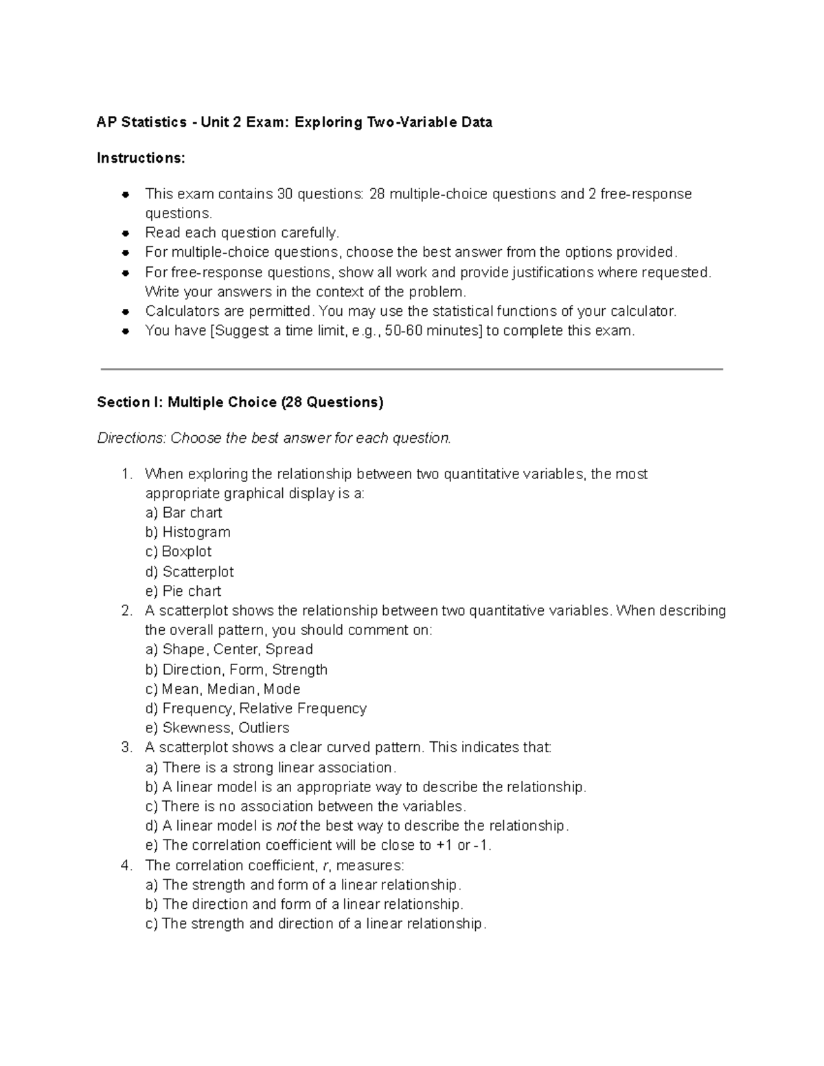 AP Statistics Unit 2 Exam: Exploring Data Analysis and Interpretation ...