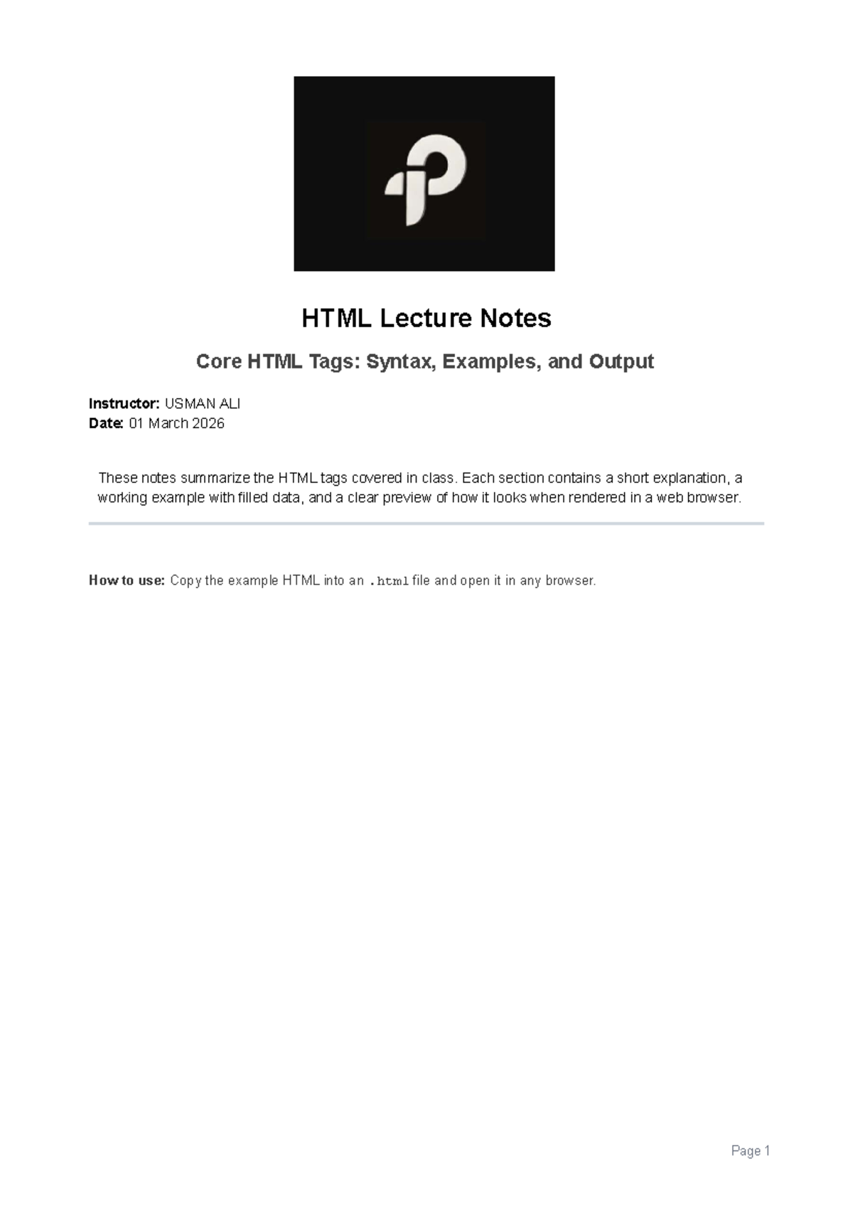 HTML Lecture Notes: Core Tags, Syntax & Examples (CS101) - Studocu
