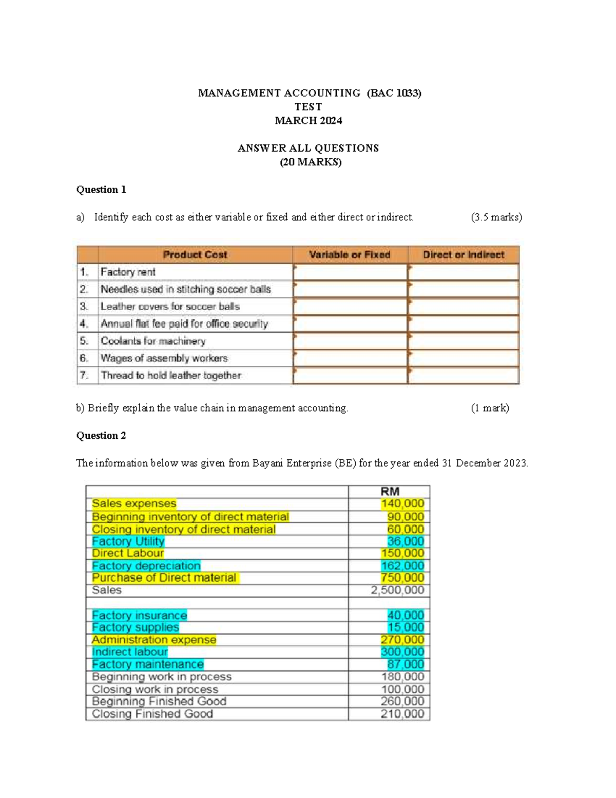 Management Accounting Test - BAC1033 March 2024 Tutorial - Studocu