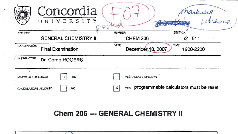 CHEM 206 F07 Final Exam Solutions and Marking Scheme - Studocu