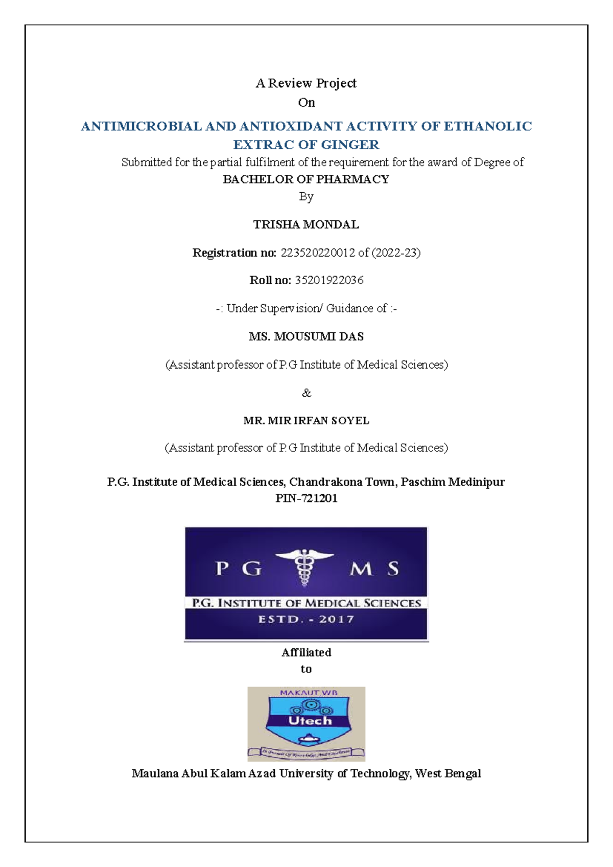 Thesis Front page - fssbfbdfdgdfvd - A Review Project On ANTIMICROBIAL ...