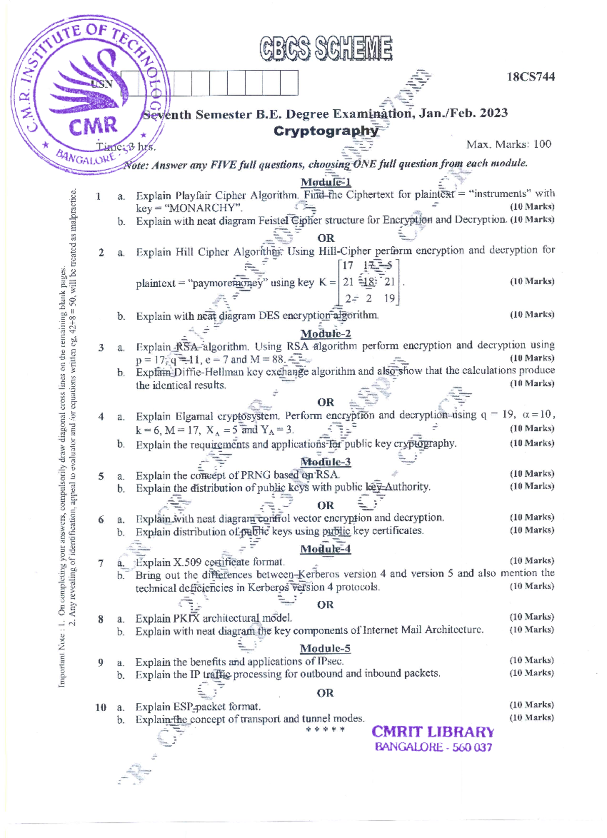 VTU 18CS744 Cryptography Jan-Feb-2023 Exam Question Paper Analysis ...