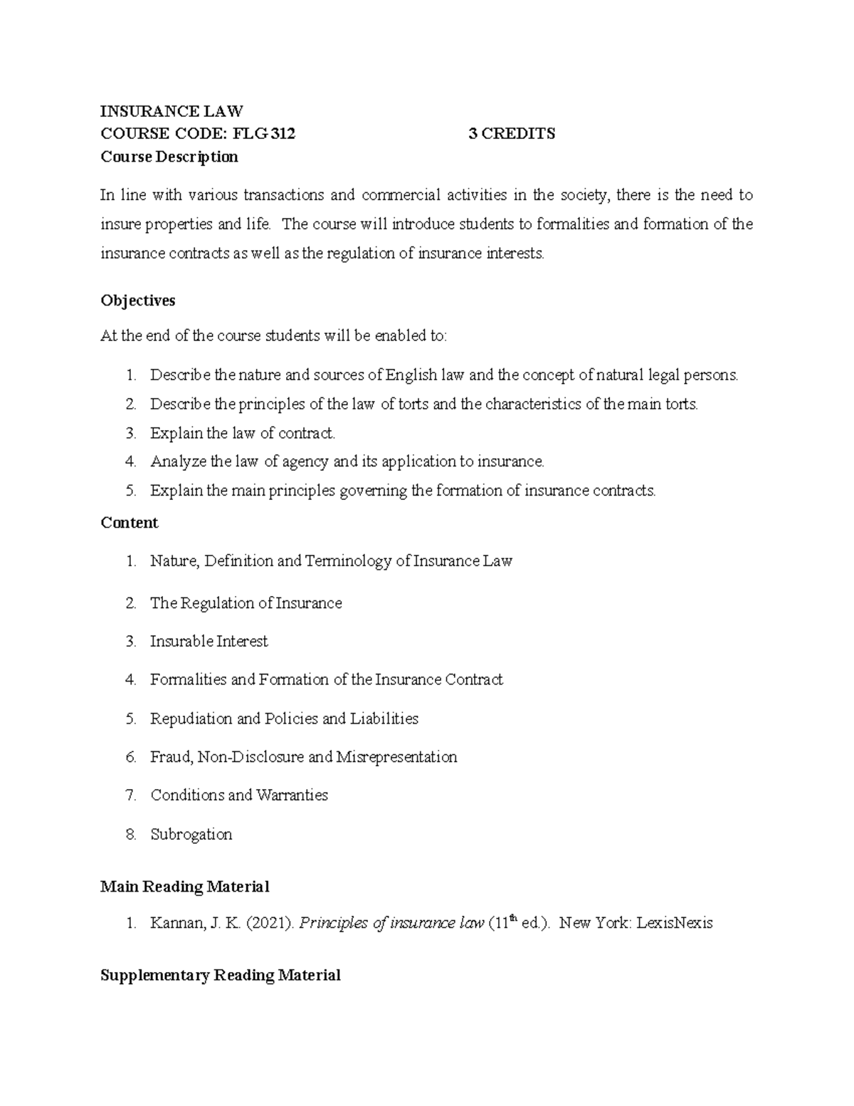 Insurance Law Course Outline - FLG 312 [Feb 2026] - Studocu