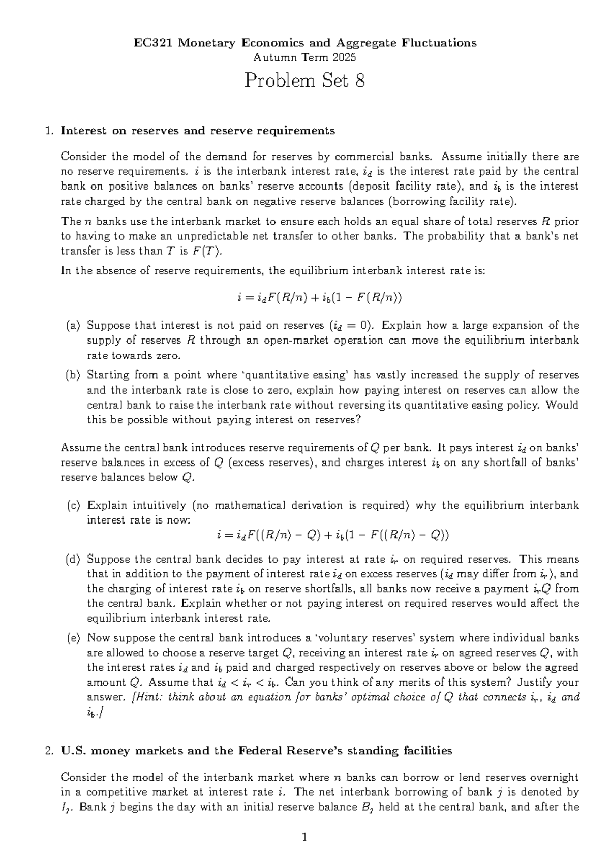 EC321 Monetary Economics: Problem Set 8 on Reserves & Interest Rates ...
