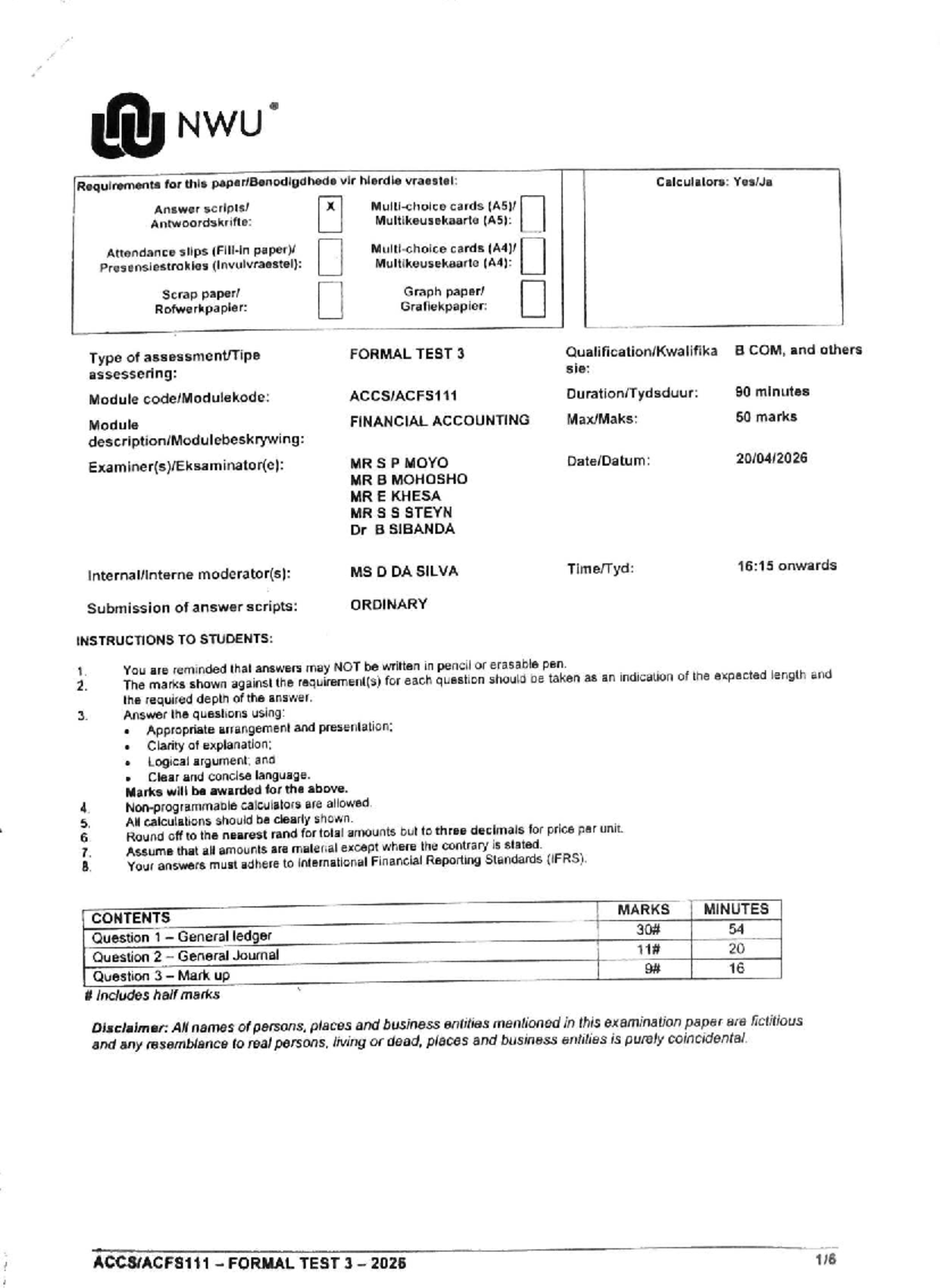 ACCS-ACFS 111 FORMAL TEST 3 - Financial Accounting 2026 - Studocu
