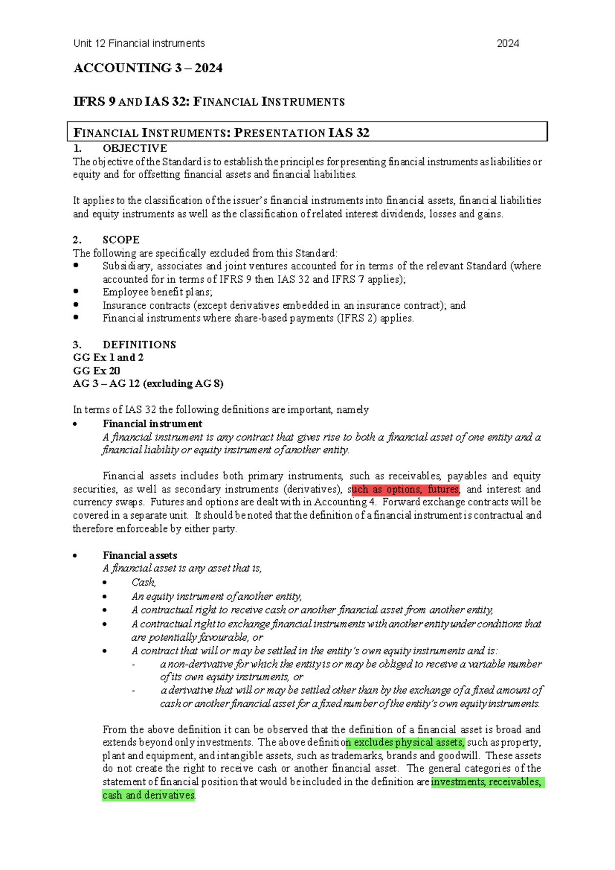 Unit 12 - Notes on Financial Instruments (IFRS 9 & IAS 32) - 2024 - Studocu