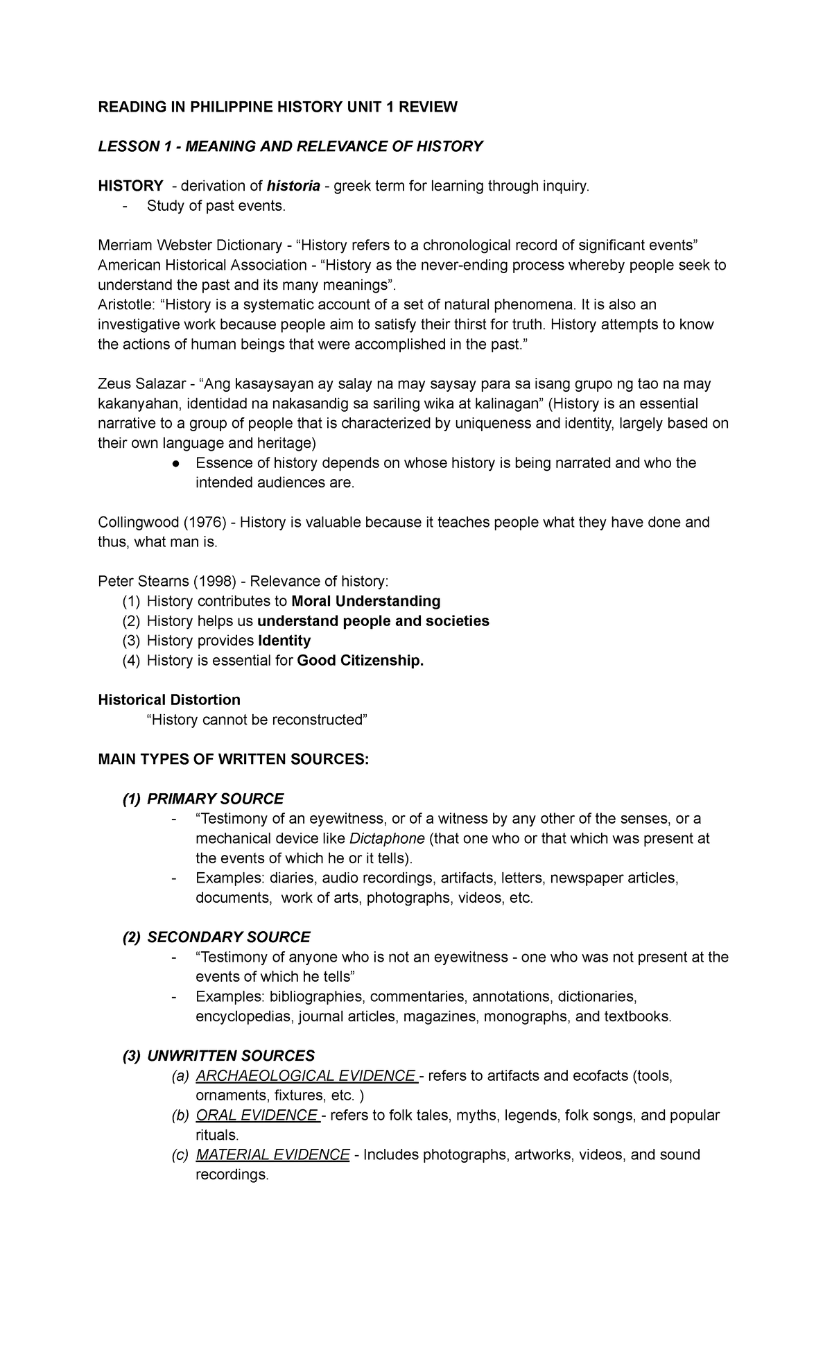 RIPH Unit 1 Review: Meaning & Relevance of History and Sources - Studocu
