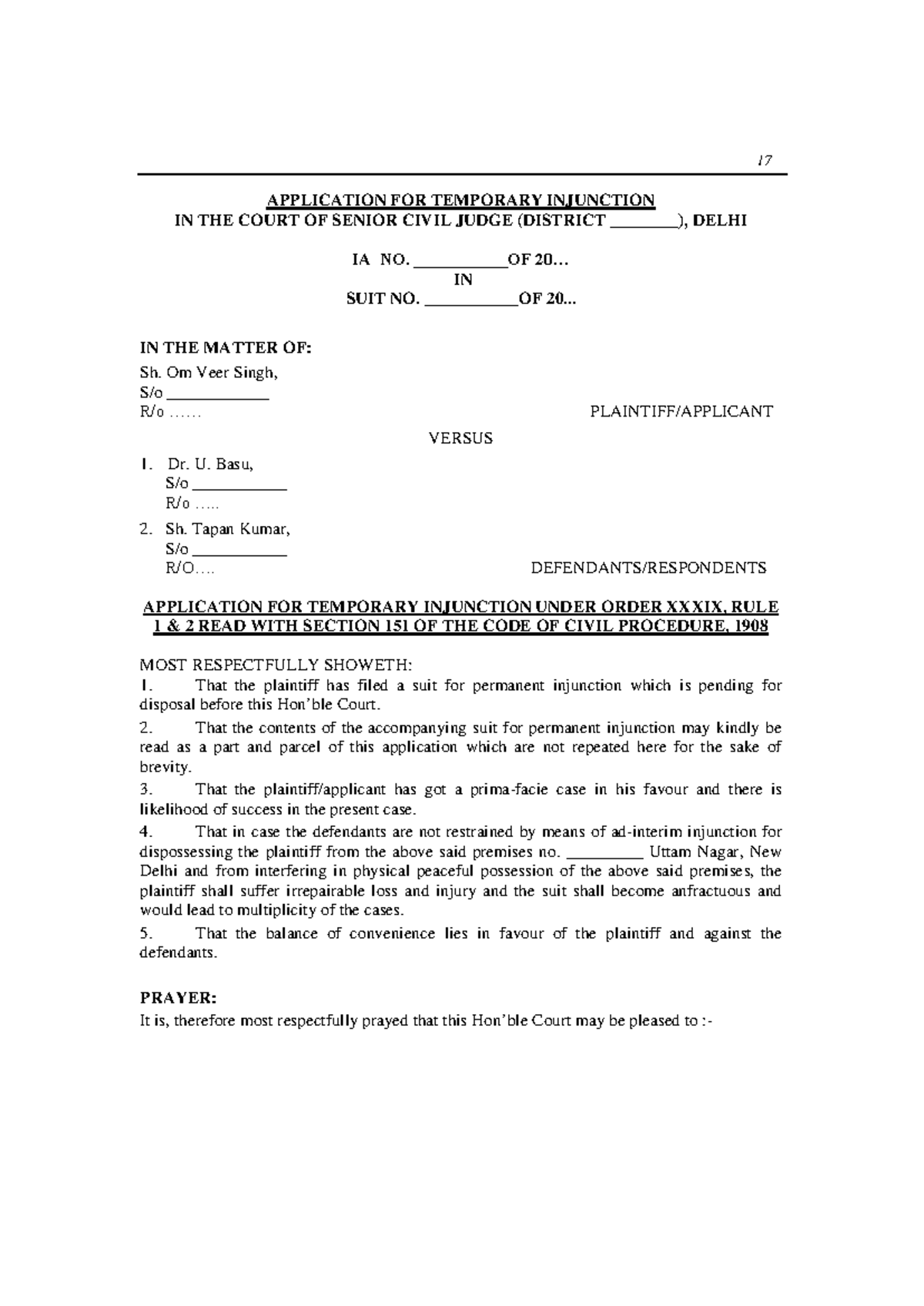 APPLICATION FOR TEMPORARY INJUNCTION IN CIVIL COURT - IA NO. 20 - Studocu