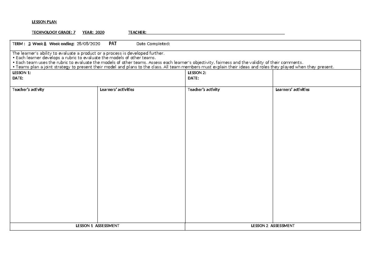 Grade 7 Term 3 Week 8 Lesson Plans - Technology Evaluation Activities ...