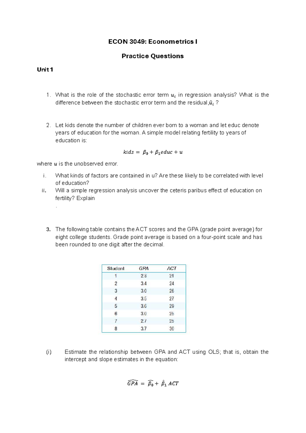 ECON 3049: Econometrics I Practice Questions Unit I Analysis - Studocu