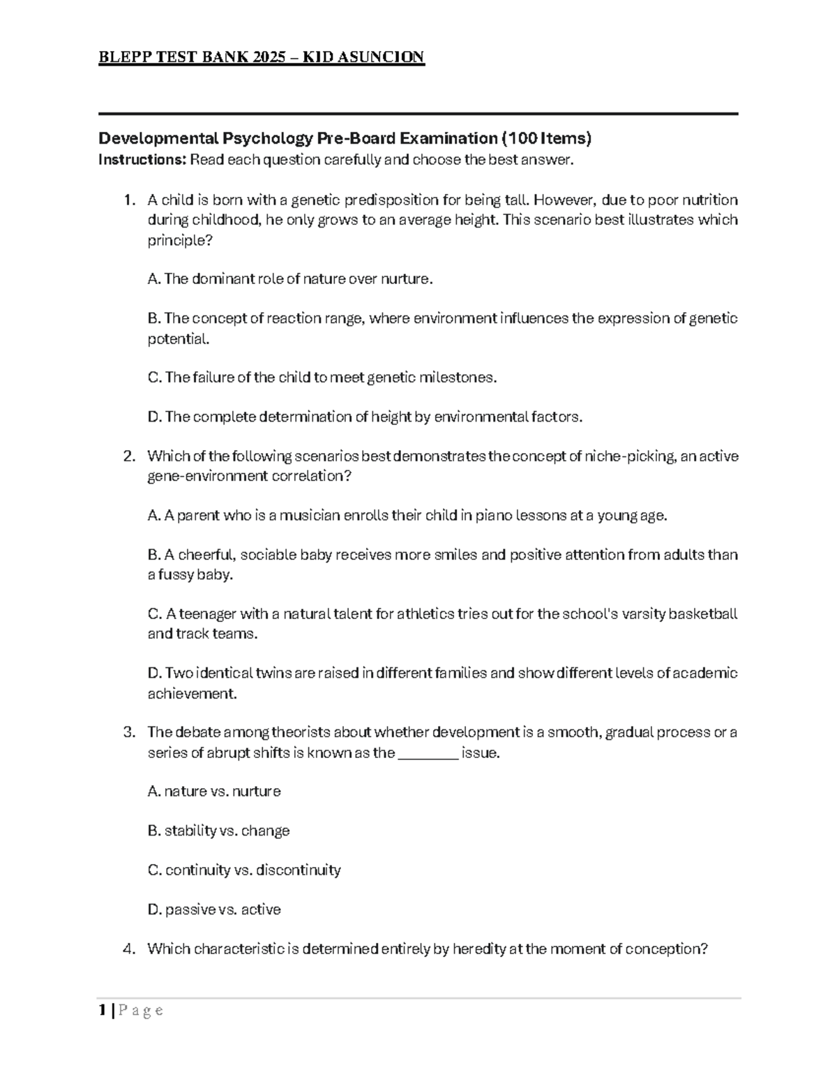BLEPP 2025 KID ASUNCION Developmental Psychology Pre Board Test Bank ...