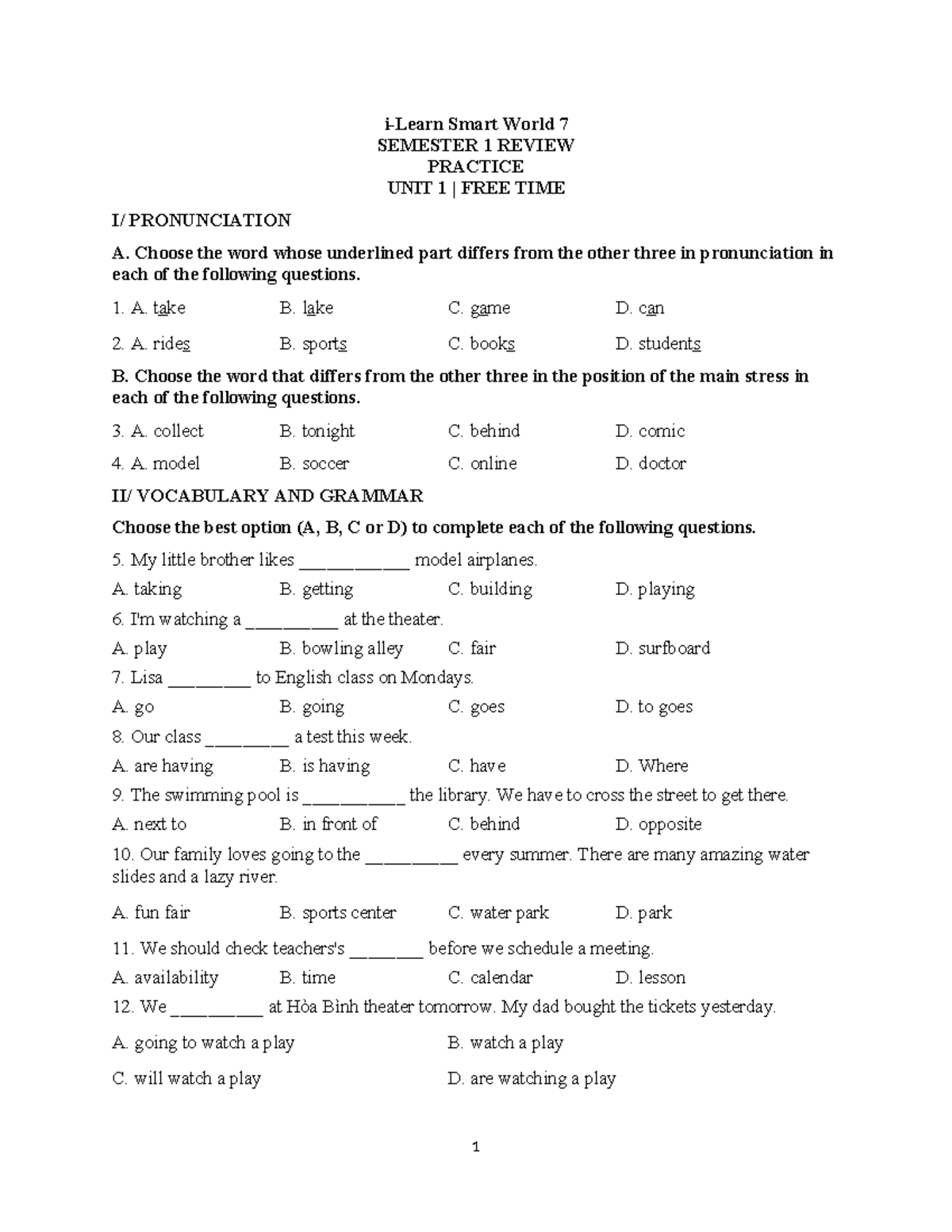 De Thi Hoc Ki I Lop 7: Smart World Unit 1 Review & Practice - Studocu