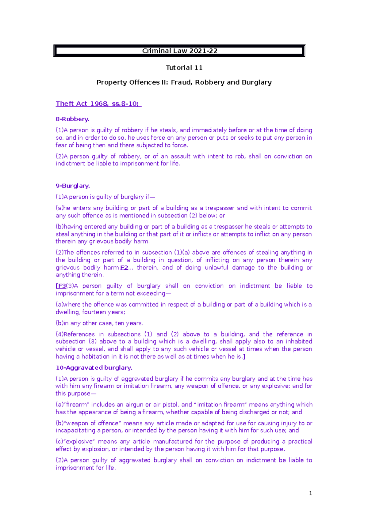 Tutorial 11 (property II-Rob-burg-fraud) 21-22 - Criminal Law 2021 ...