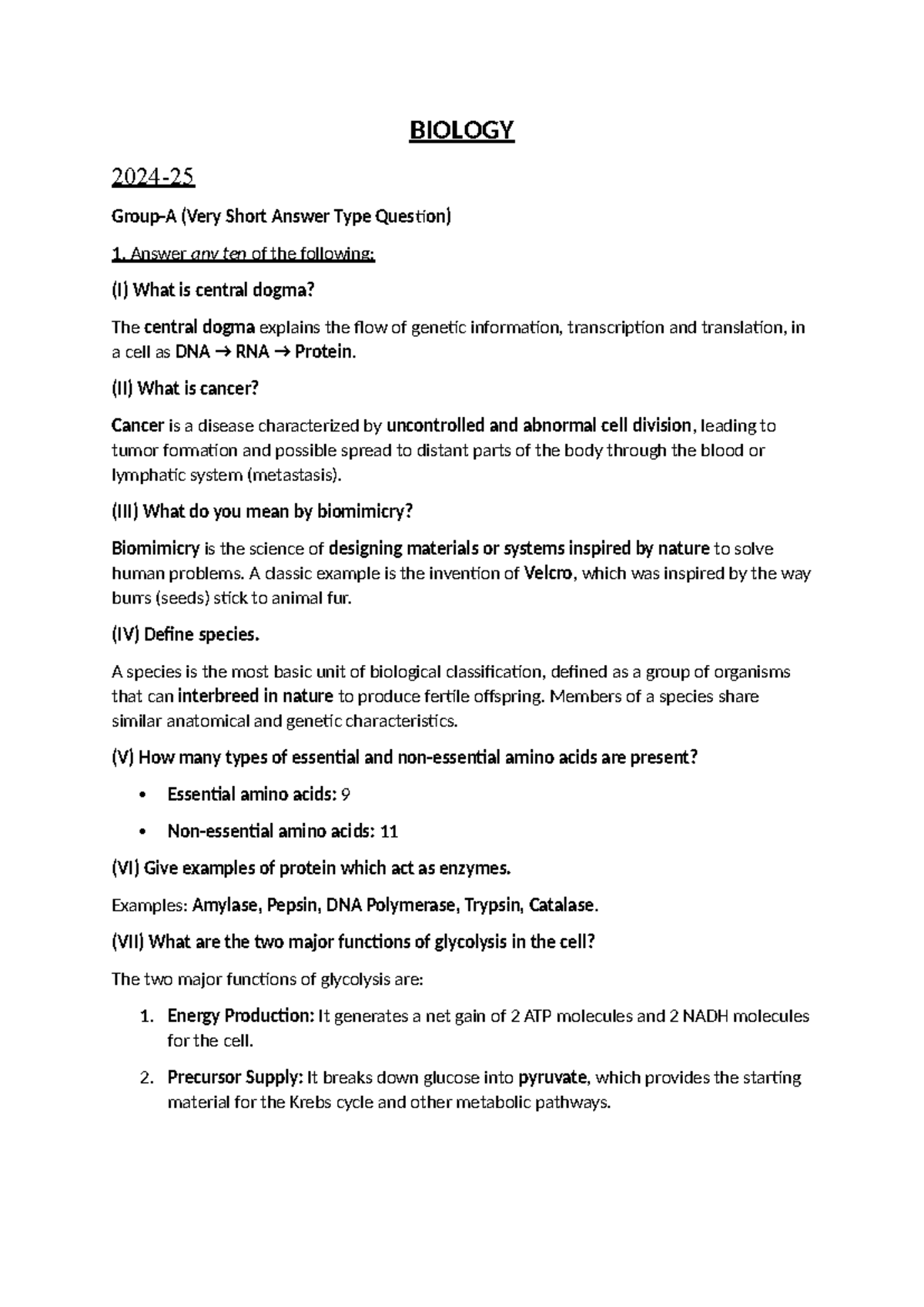 BIOLOGY (PYQ) - Very Short Answer Type Questions and Answers - Studocu