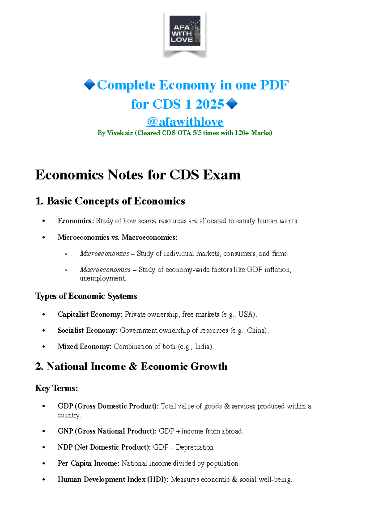Economics Study Notes & Practice MCQs for CDS 1 2025 by Vivek Sir - Studocu
