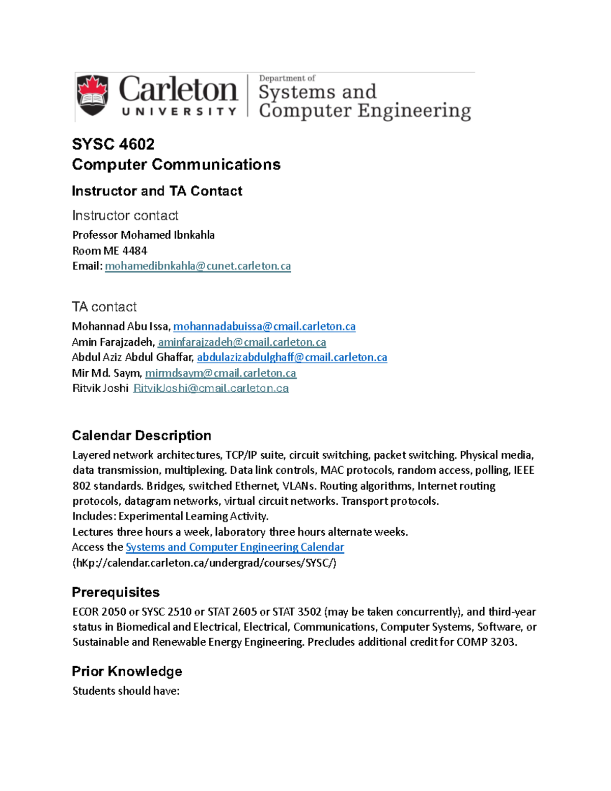 SYSC4602 Course Outline 2024 - Computer Communications Overview - Studocu
