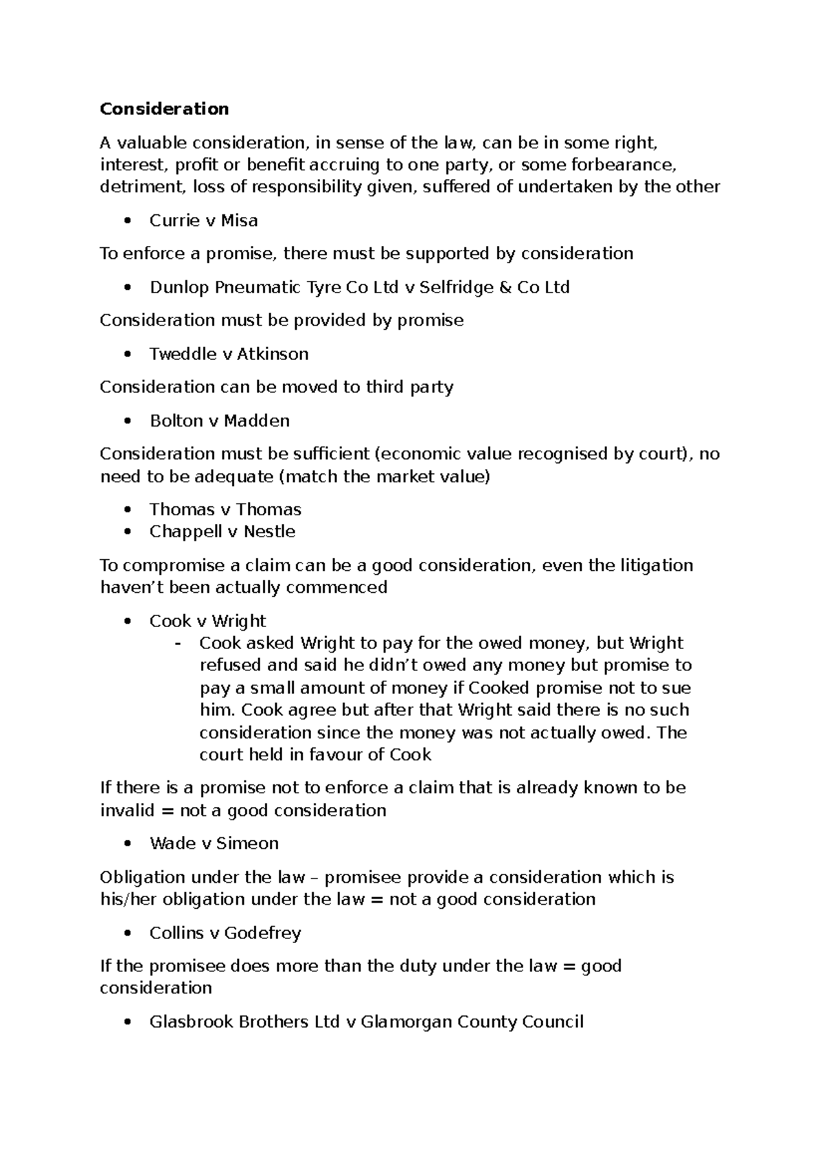 Consideration in Contract Law: Key Cases & Principles Summary - Studocu