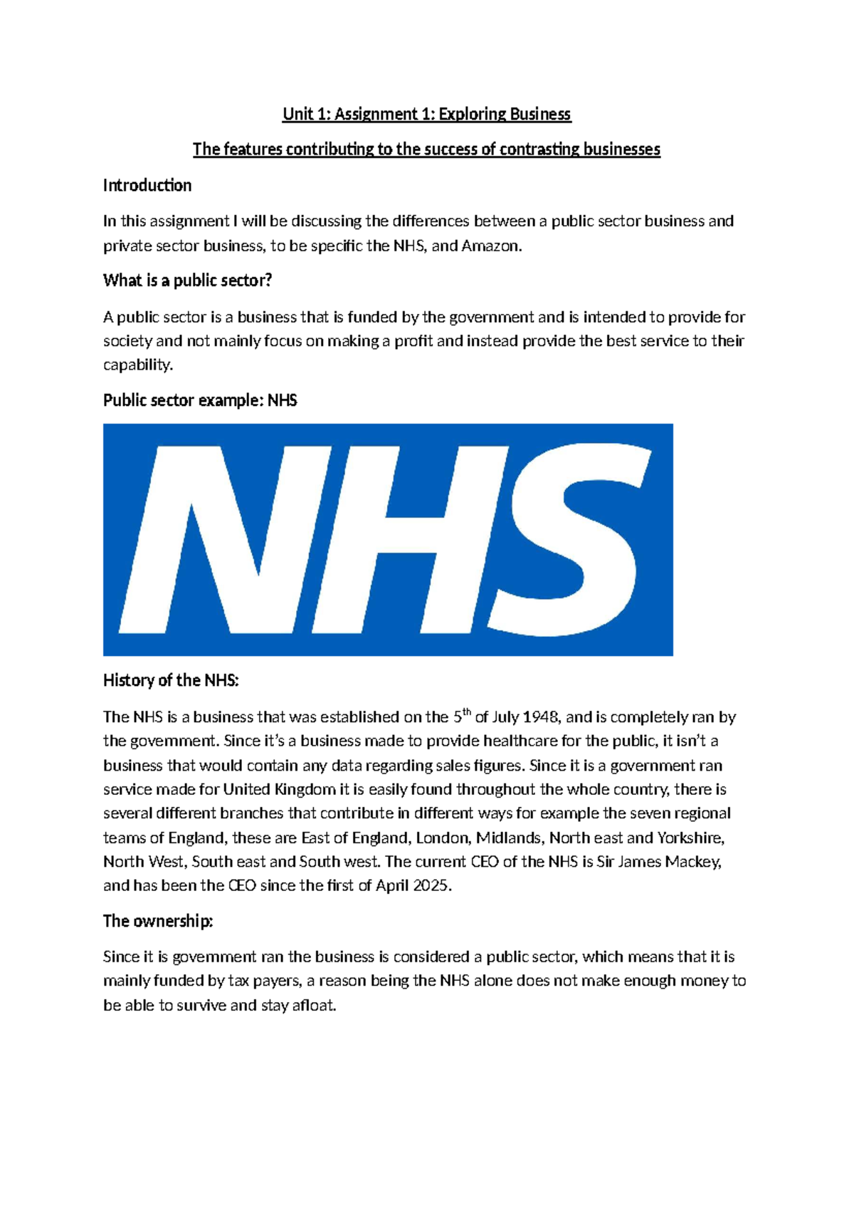 Unit 1: Assignment 1 - Comparing NHS and Amazon Business Models - Studocu
