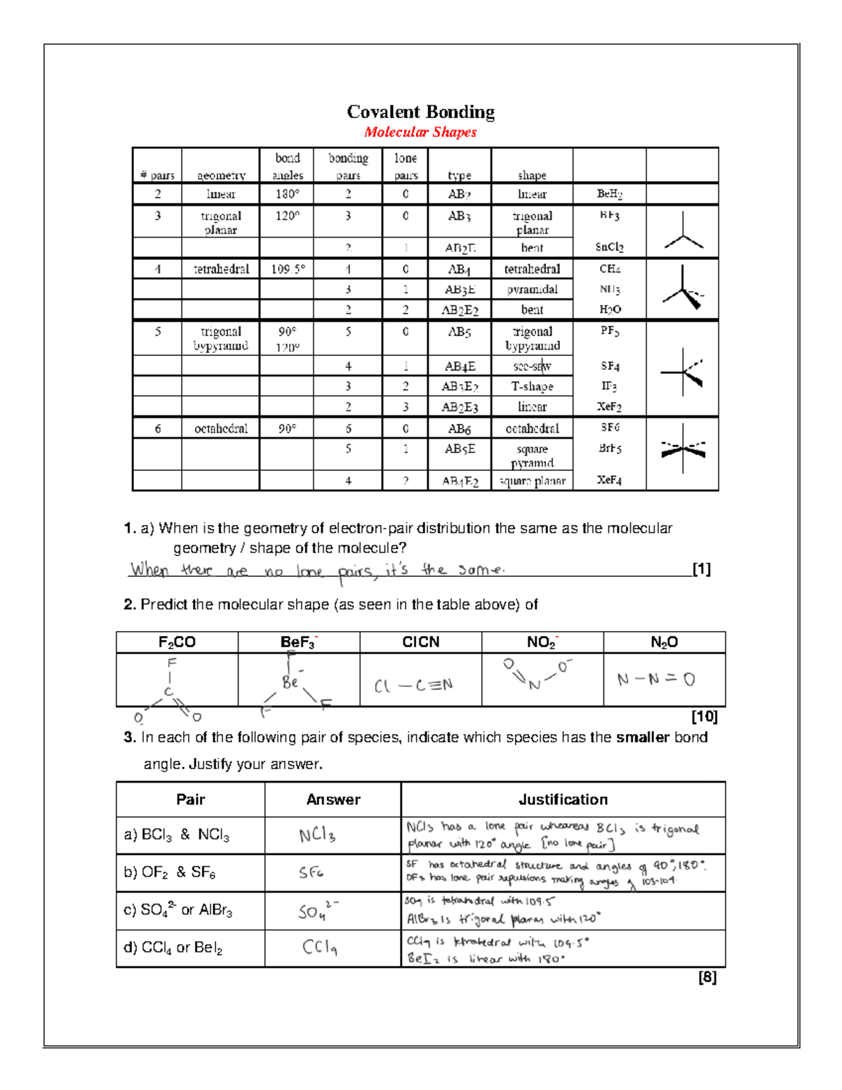 Covalent Bonding Assignment: Molecular Shapes & Bond Angles Analysis ...