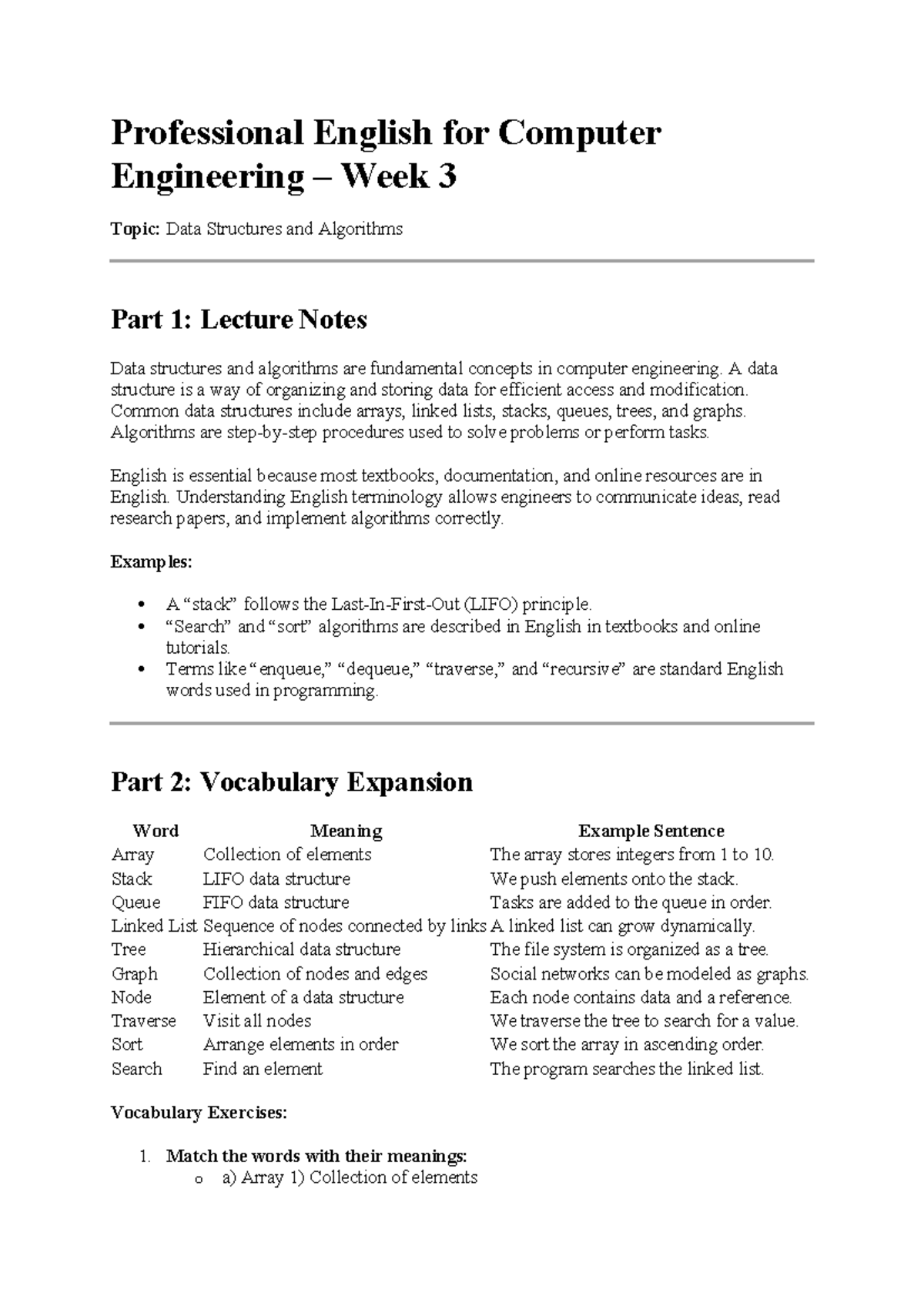 Professional English for Computer Engineering: Week 3 Lecture Notes on ...