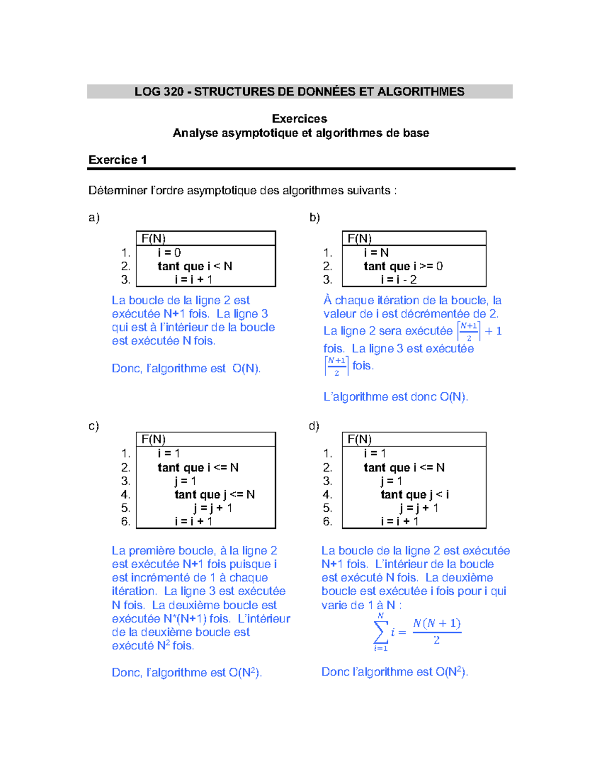 LOG 320 Exercices sur l'Analyse Asymptotique et Algorithmes de Base ...