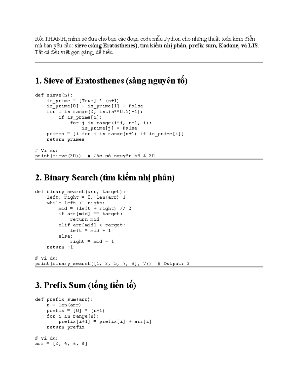 Python Algorithms: Sieve, Binary Search, Prefix Sum, Kadane, LIS - Studocu