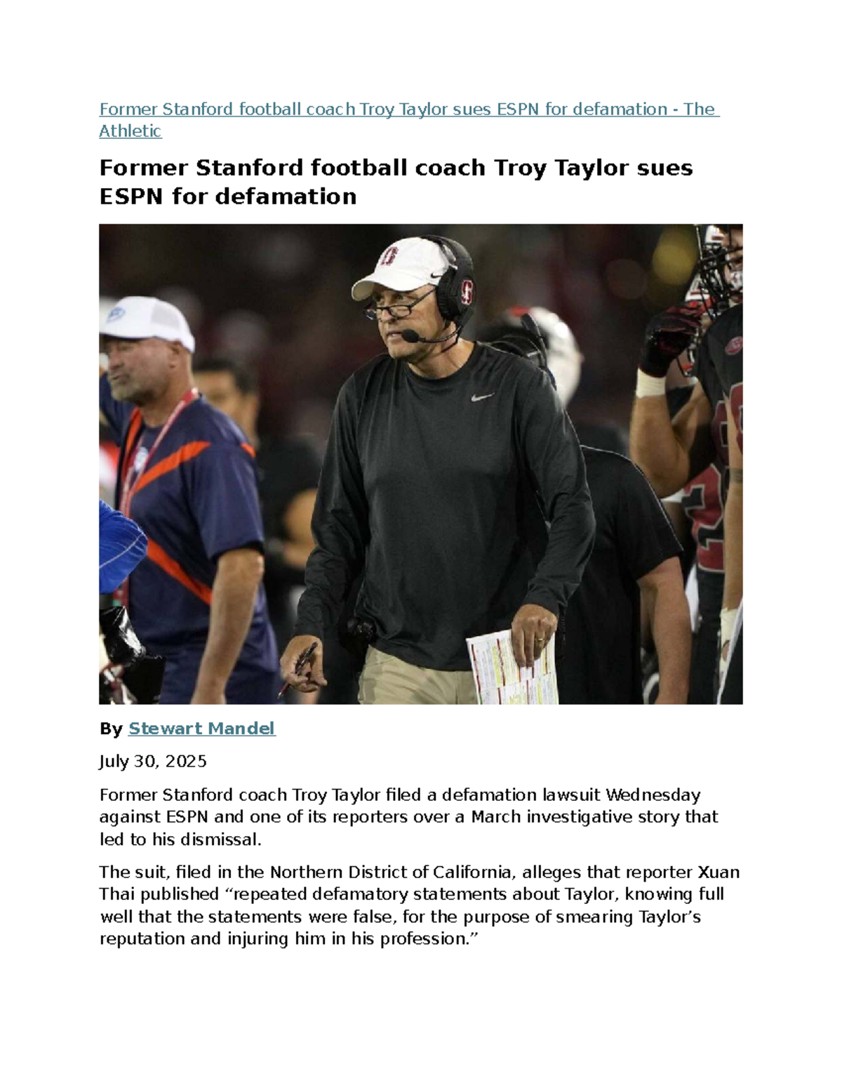 Troy Taylor vs. ESPN: Defamation Lawsuit Overview (July 2025) - Studocu