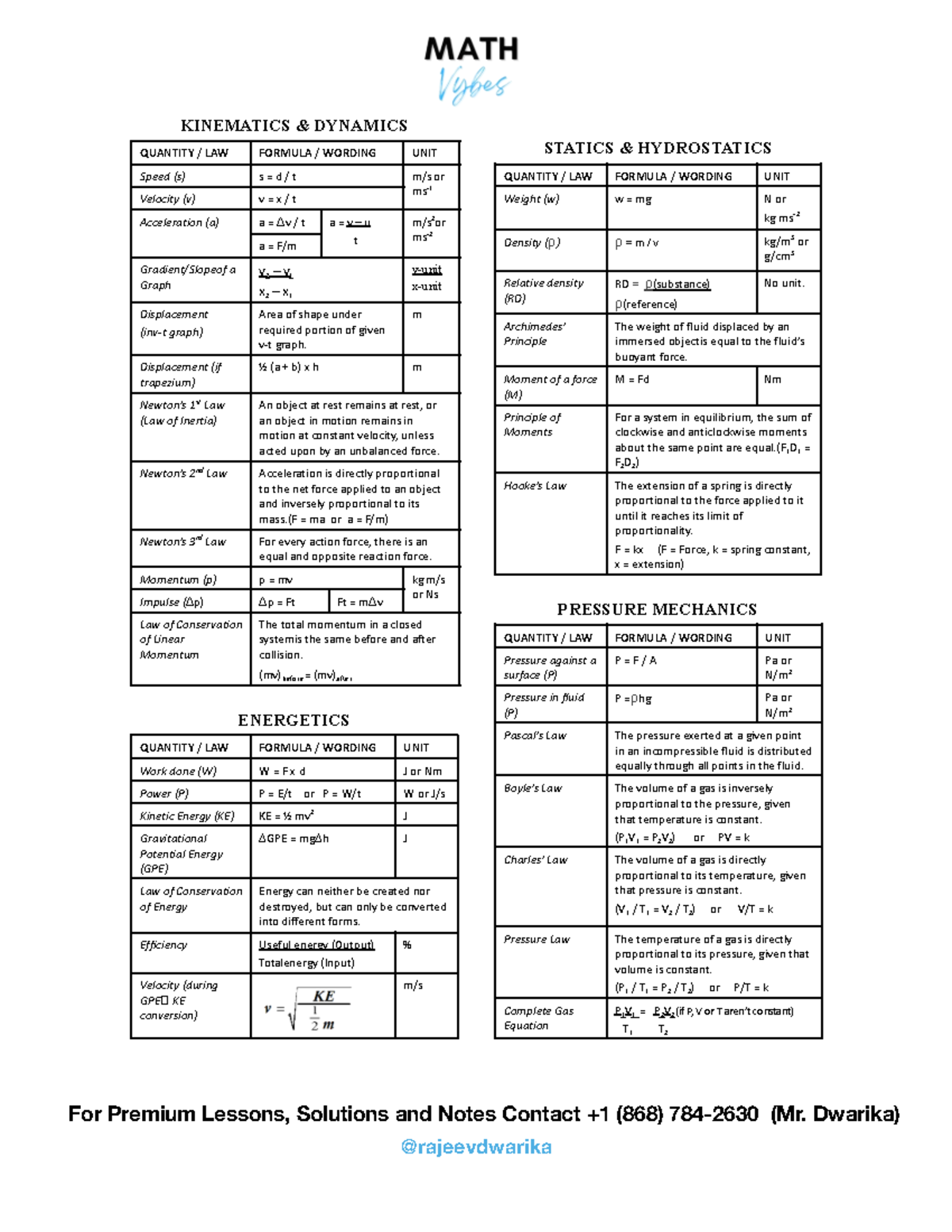 CSEC Physics Formula Sheet: Kinematics, Dynamics & Energetics - Studocu
