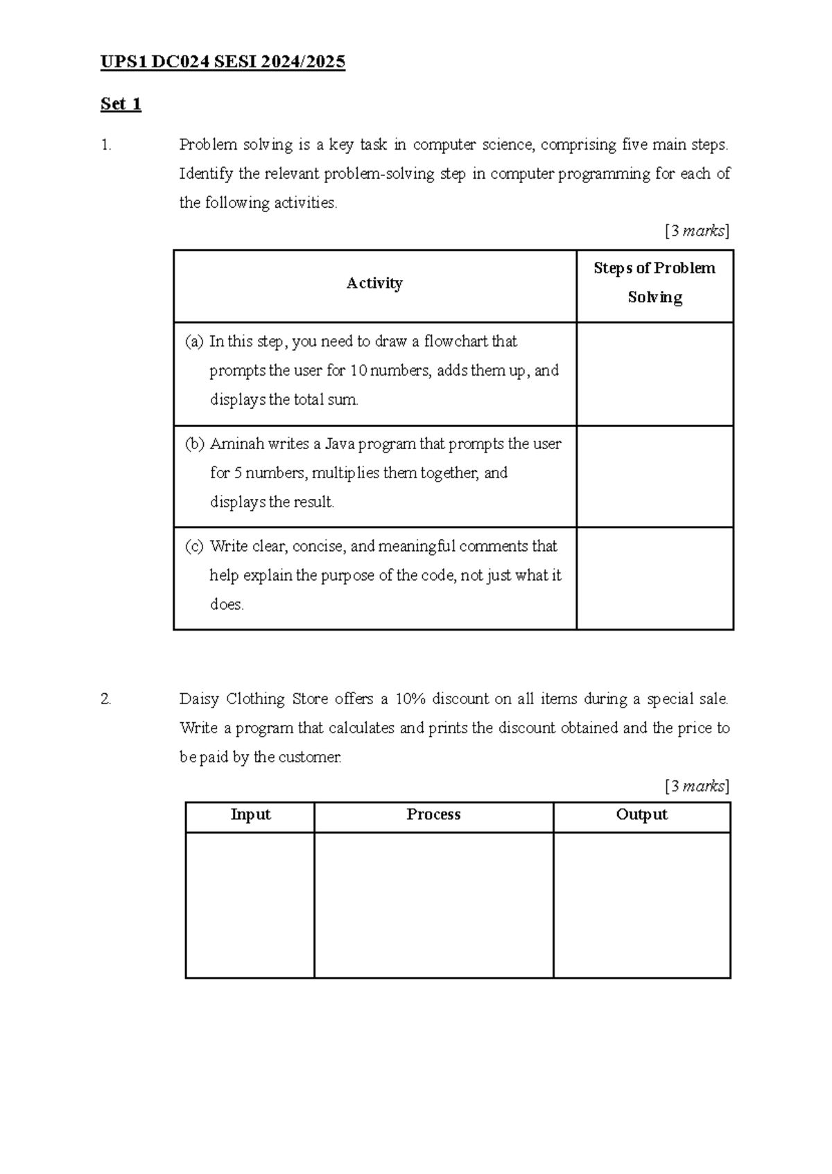 Set 1 DC024 UPS1 Problem Solving in Computer Science 2024-2025 - Studocu