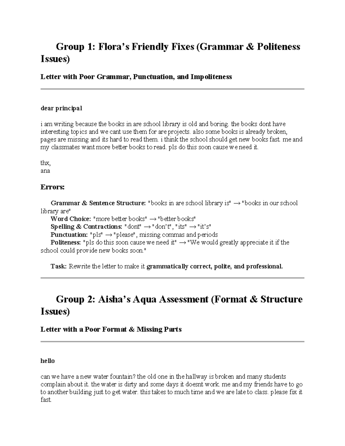 NMMM Group Activity: Improving Letters on Grammar & Structure - Studocu