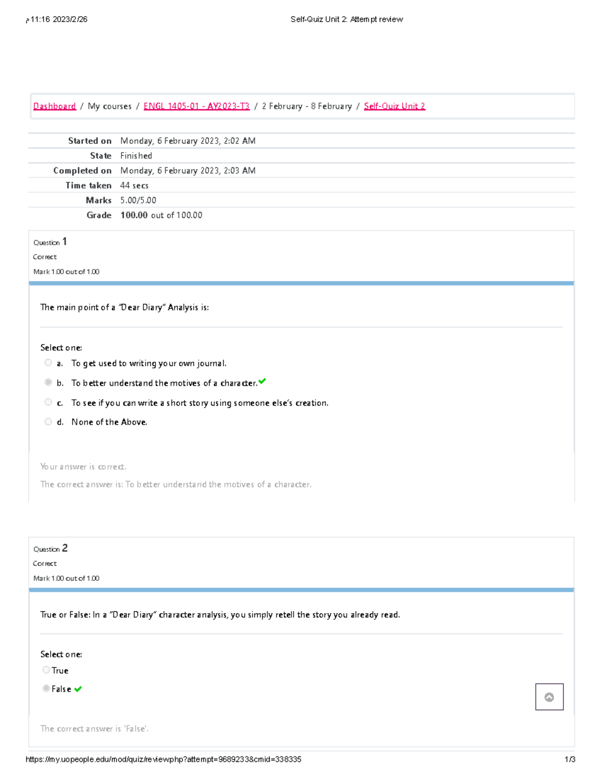 Self Quiz Unit 2 ENGL 1405 - 2023/2/26 11:16 م Self-Quiz Unit 2 ...