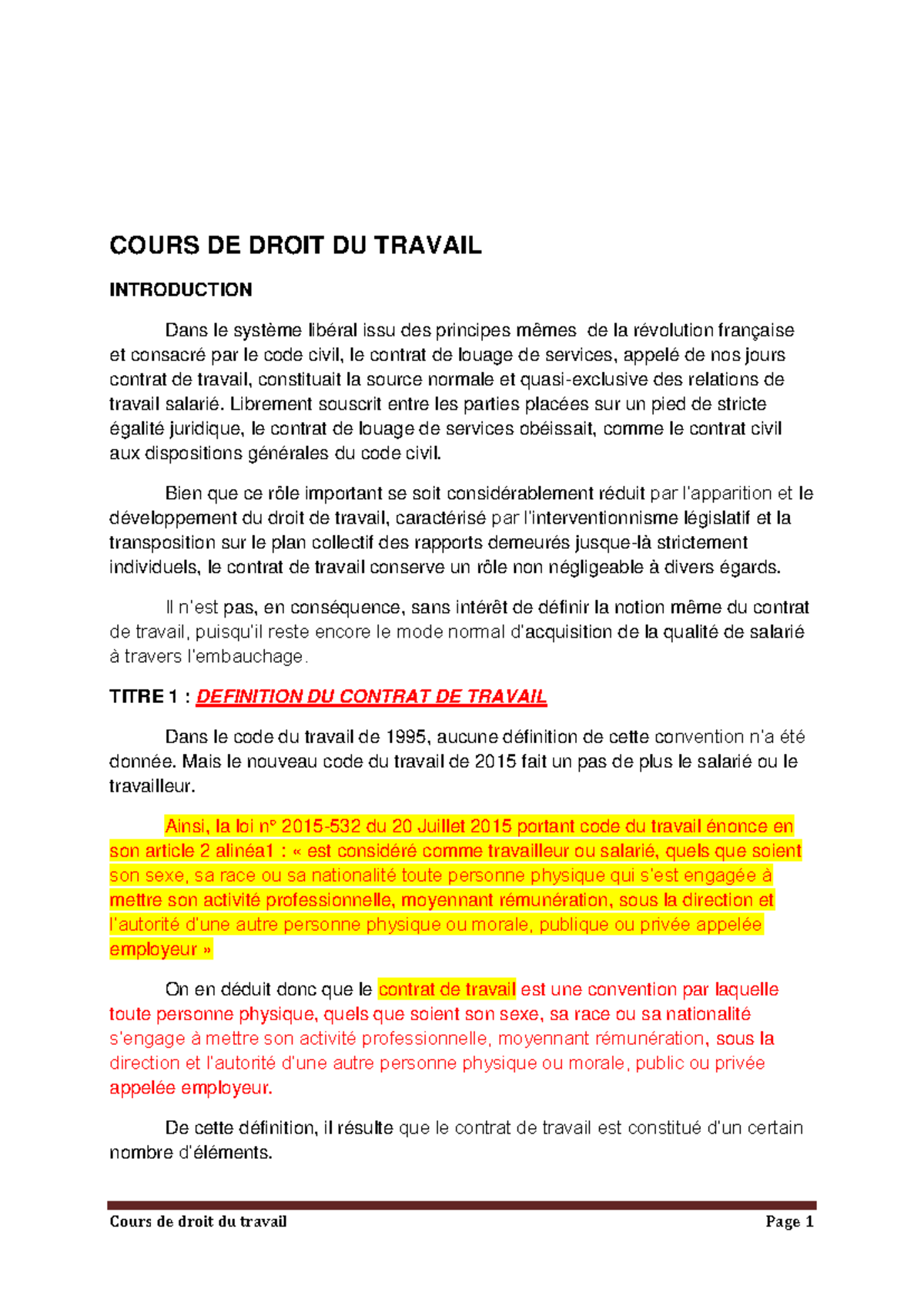 Cours de Droit du Travail : Concepts et Éléments Essentiels - Studocu
