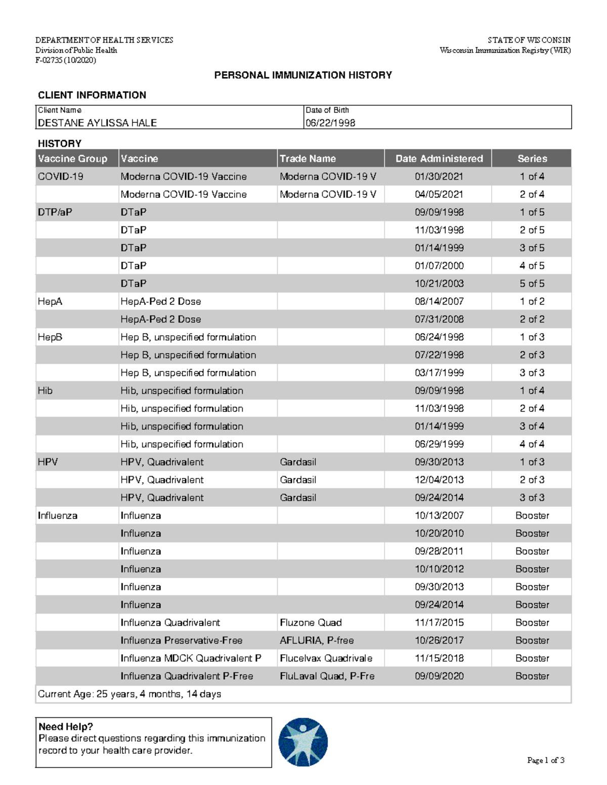 Client Immunization History Document - Unit 14 Overview - Studocu