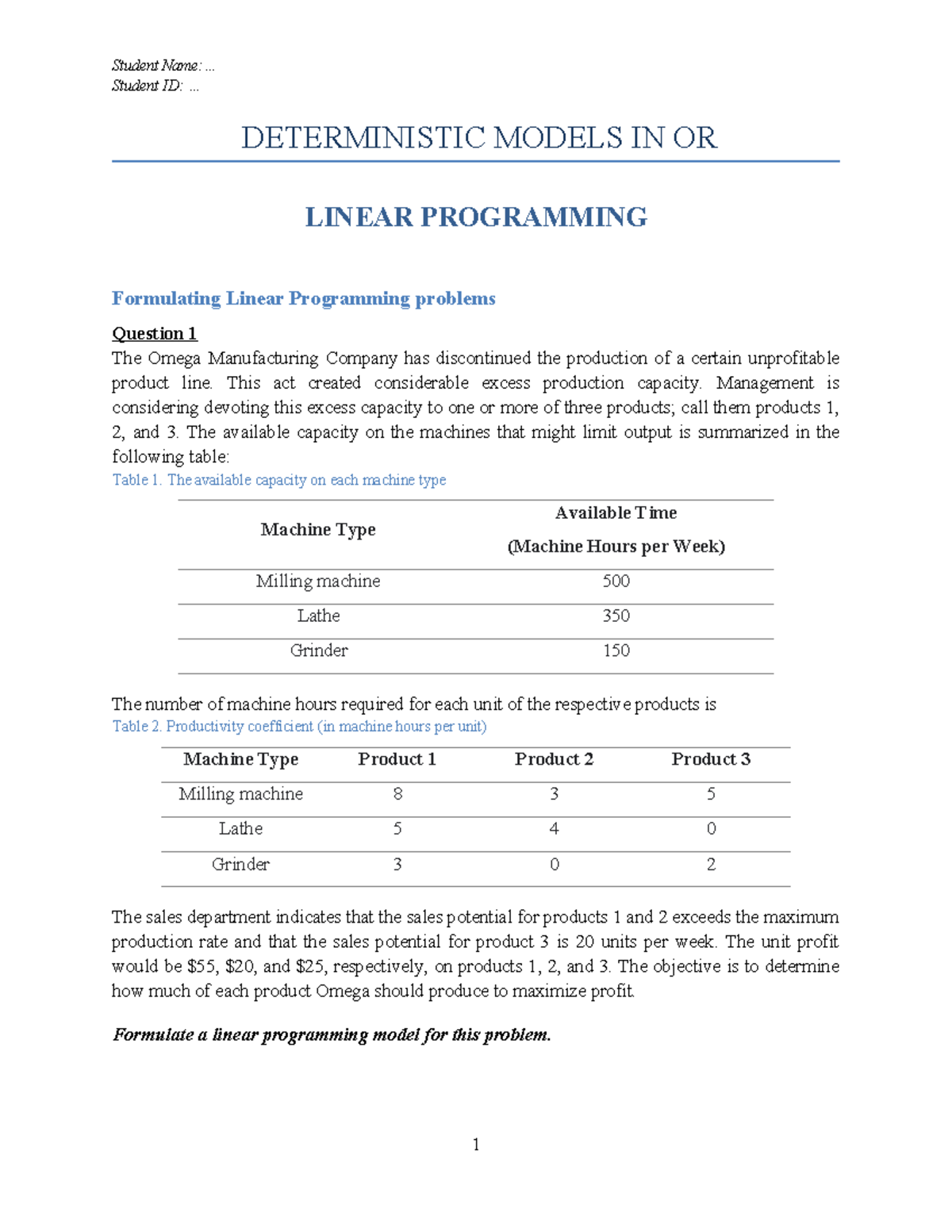 [OR1] HW1 Linear Programming: Formulating LP Models and Solutions - Studocu