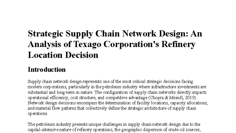 Strategic Supply Chain Network Design: Texago Refinery Location ...