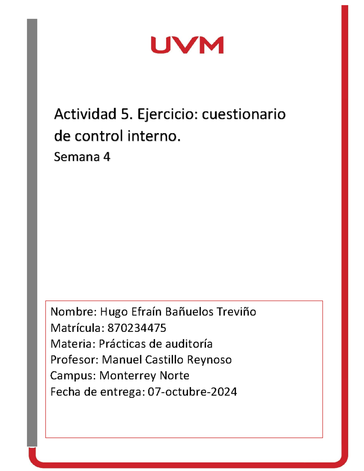 Actividad 5: Cuestionario de Control Interno - Prácticas de Auditoría ...