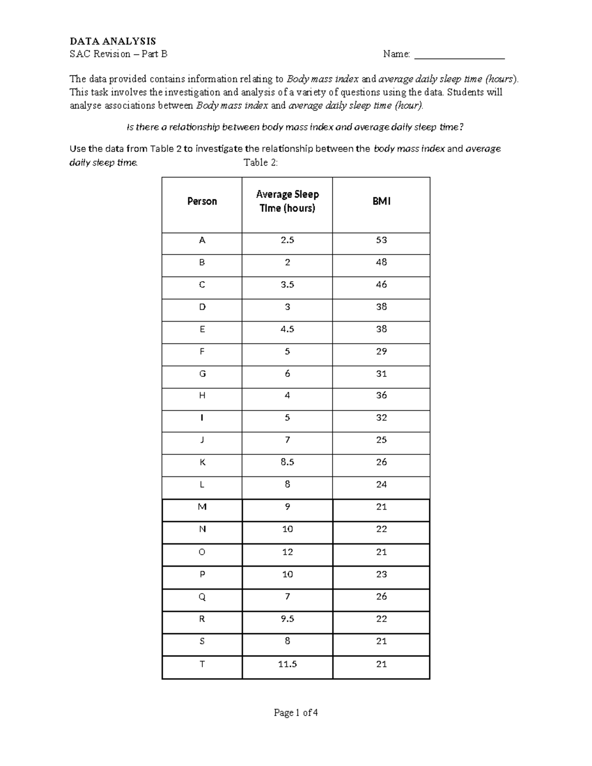 Data Analysis SAC Part B Revision - SAC Revision – Part B Name ...